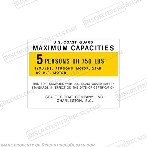 Sea Fox Boat Capacity Decal - 5 Person  capacity, plate, sticker, decal, INCR10Aug2021