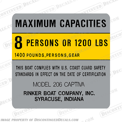 Rinker 206 Captiva Capacity Decal - 8 Person capacity, plate, sticker, decal, 8, person, rinker, 206, captiva, boat, limit, 