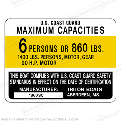 Triton 1860 SC Boat Capacity Decal - 6 person INCR10Aug2021