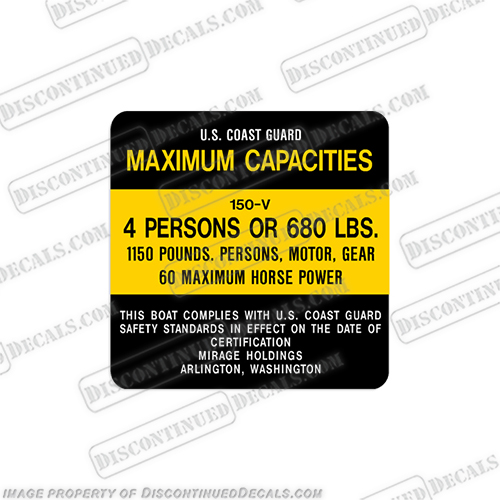 Mirage Holdings 150-V Capacity Decal - 4 Persons capacity,decals,mirage,holdings,150-v,4,persons,label,plate,sticker