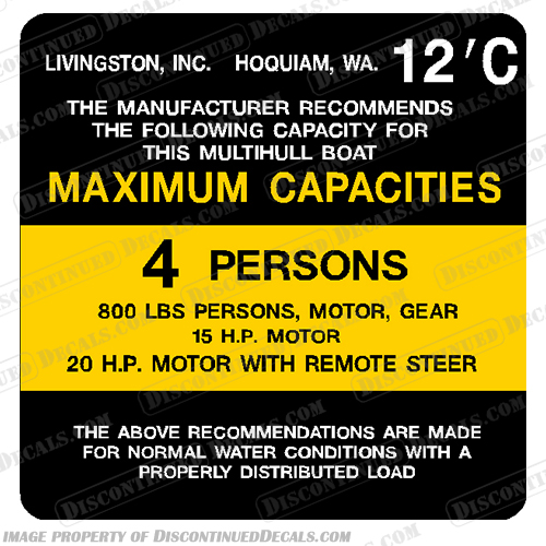 Livingston 12' C Capacity Decal - 4 Person capacity, plate, decal, livingston, 12, ft, 4, Person