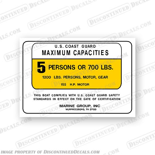 Marine Group, INC. 5 Person Capacity Decal  capacity, plate, sticker, decal, flat, bay, boat, marine, group, inc., 5, person, 
