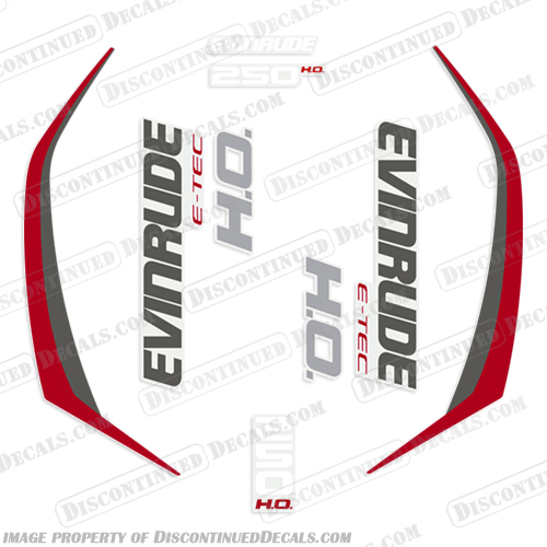 Evinrude 250hp G2 E-Tec Decal Kit (Red) - 2014-2016 evinrude, decals, 250, hp, e-tec, 2015, g2, outboard, cowl stickers, red, stickers, kit, 2014, 2016,