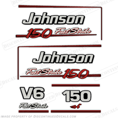 Johnson 150hp V6 FastStrike Decals - 1991 - 1996 Fast Strike, 150, hp, 150hp, 150 hp, fast, strike, faststrike, johnson, v6, decals, decal, stickers, set, 1991, 1992, 1993, 1994, 1995, 1996
