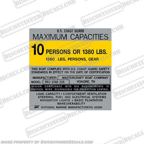 Mastercraft 205 Pro Star Capacity Decal - 10 Person  mastercraft, prostar, 205, boat, capacity, us, u.s., coast, guard, capacities, label, decal, sticker, for, master, craft, pro, star, boats