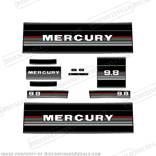 Mercury 1984 - 1985 9.8hp Grey/Red Outboard Decals  9.8, 110, stickers, operation, sticker, motor, 1984, 1985, 84, 85, 84', 85', 9hp, 9, engine, decal, outboard, mercury,grey, red, INCR10Aug2021