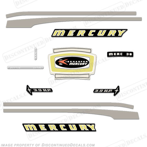 Mercury 1965 3.9HP Outboard Engine Decals mercury, 1965, 3.9, 3.9hp, 3.9 hp, outboard, vintage, decals, stickers, kit