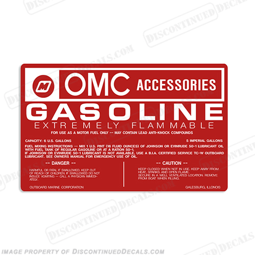 OMC 6 Gallon Fuel Tank Decal Gas INCR10Aug2021