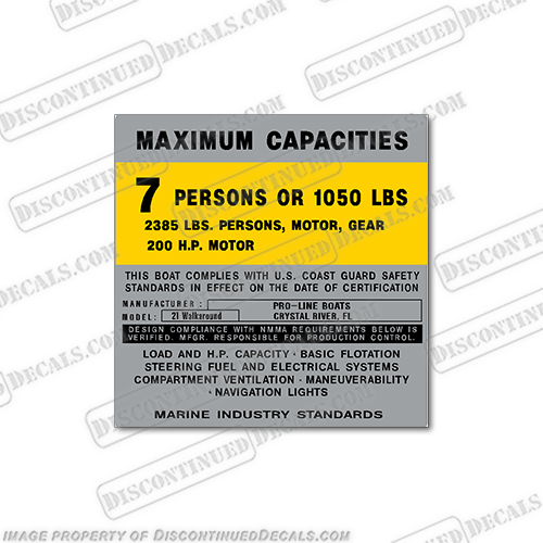 Proline 21 Walk Around Capacity Decal - 7 person  boat, logo, decal, capacity, plate, sticker, decal, regulation, coast, guard, warning, fuel, gas, diesel, safety, INCR10Aug2021