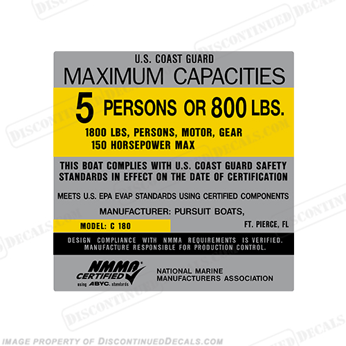 Pursuit Boats C180 Capacity Decal - 5 Person capacity, plate, sticker, decal, INCR10Aug2021