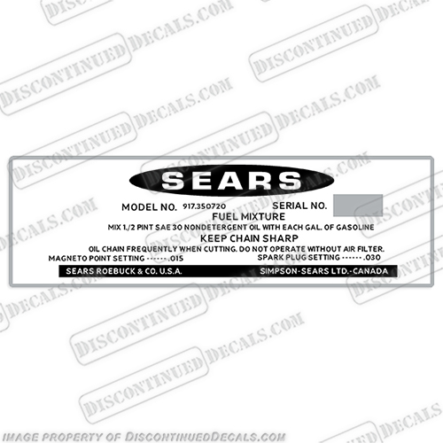 Sears Chainsaw Label Decal  Sears, chainsaw, fuel, warning, label, decal, sticker