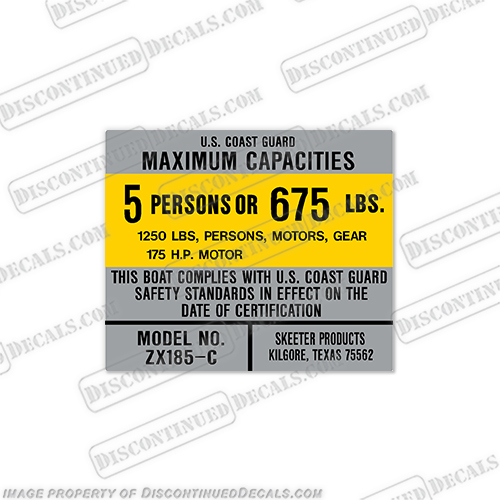 Skeeter ZX185-C Boat Capacity Decal - 5 Person skeeter, zx, 185, c, bay, 5, person, grady, white, gradywhite, capacity, regulation, plate, decal, sticker, 190, tournament, tarpon, hp, outboard motor, tiller, engine, decal, sticker, kit, set, INCR10Aug2021