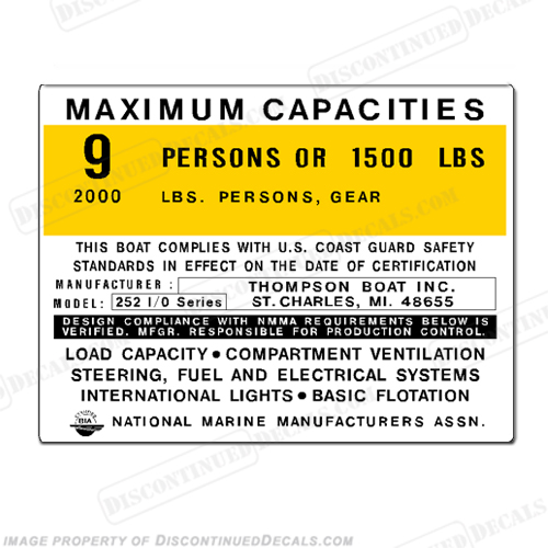Thompson 252 I/O Series Boat Capacity Decal - 9 person INCR10Aug2021