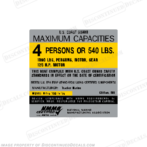 Tracker Marine Nitro 700 lx/dc Capacity Decal - 4 Person capacity, plate, sticker, decal, 170dc, INCR10Aug2021