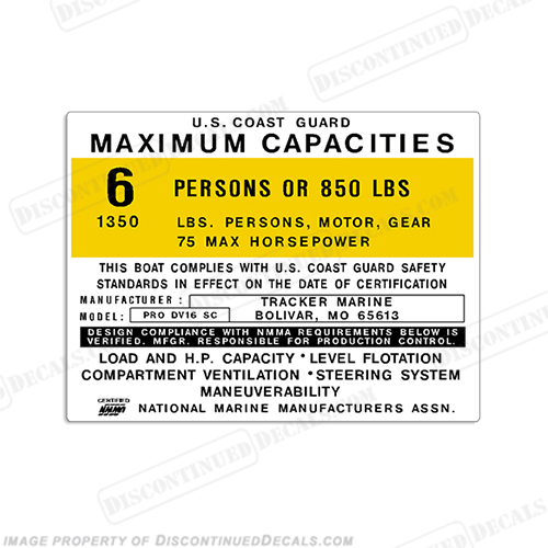 Tracker Marine Pro DV16 SC Capacity Decal - 6 Person capacity, plate, sticker, decal, dv 16, INCR10Aug2021