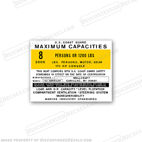 Wellcraft 192 American Capacity Decal - 8 Person  capacity, plate, sticker, decal, regulation, coast, guard, INCR10Aug2021