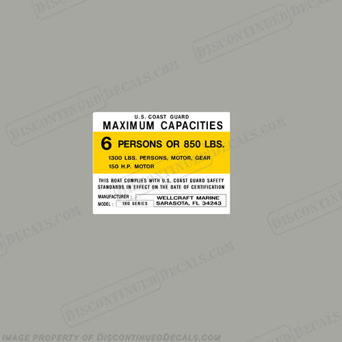 Wellcraft 180 Capacity Decal - 6 Person capacity, plate, sticker, decal, regulation, coast, guard, series, fisherman well craft, wellcraft, well, craft, 180, INCR10Aug2021