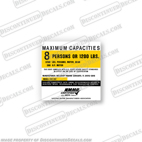 Wellcraft Marine 232 Fisherman CCF Capacity Decal - 8 Person  boat, logo, decal, capacity, plate, sticker, decal, regulation, coast, guard, warning, fuel, gas, diesel, safety, INCR10Aug2021